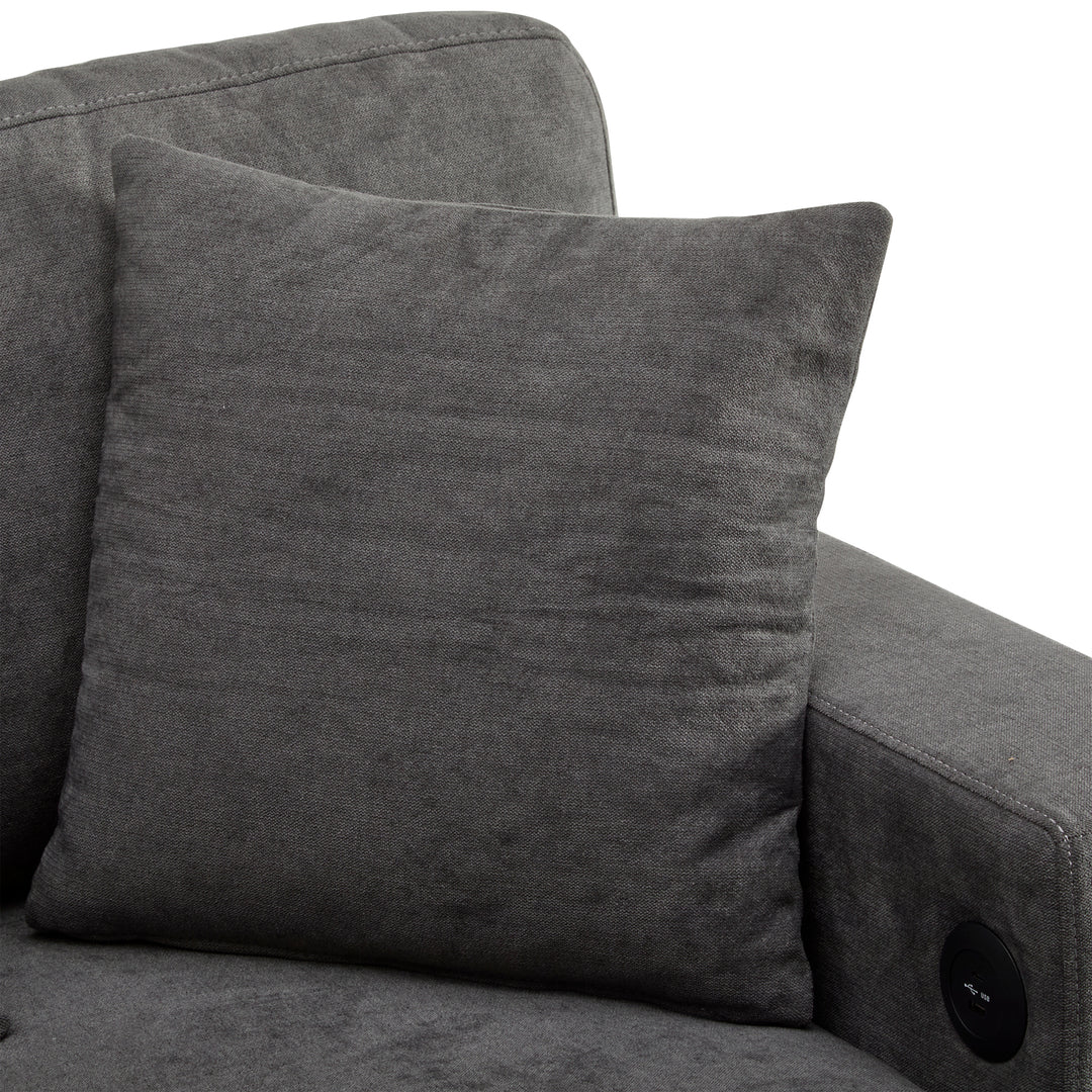 Grey L-shaped corner sofa bed, side shelf with integrated USB and storage VOLATILGAS