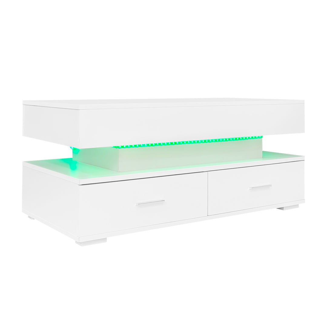 White lift-top coffee table with LED lighting and 2 drawers 100×50×44cm CYBERSPACE