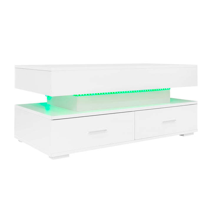 White lift-top coffee table with LED lighting and 2 drawers 100×50×44cm CYBERSPACE