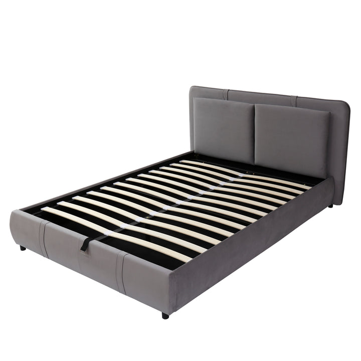Upholstered velvet grey, hydraulic ottoman double bed with storage function 135×190cm KELPFROND