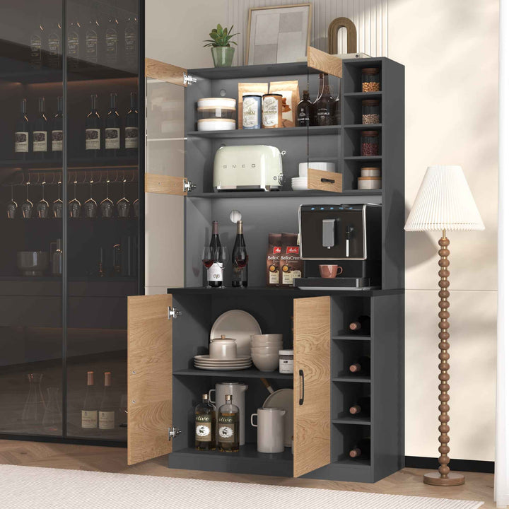 00+Kitchen Tall Cabinet with LED Lighting, Adjustable Shelves, Large Pantry Storage for Microwave VERTEXMORN