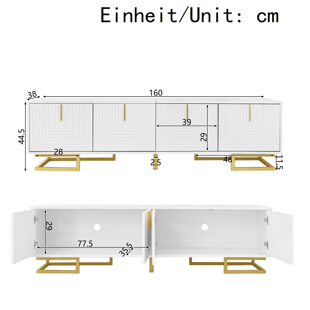 Modern luxury white TV stand textured geometric design with gold accents VIGOURE