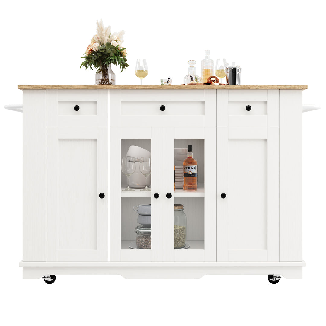 White kitchen Island trolley wood-grain look, tempered glass cabinet BEEGLUE
