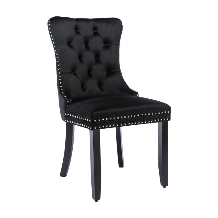 Set of 4 dining chairs velvet black tufted with solid wood legs, nailheads and back chrome ring BREEZEOLOGY