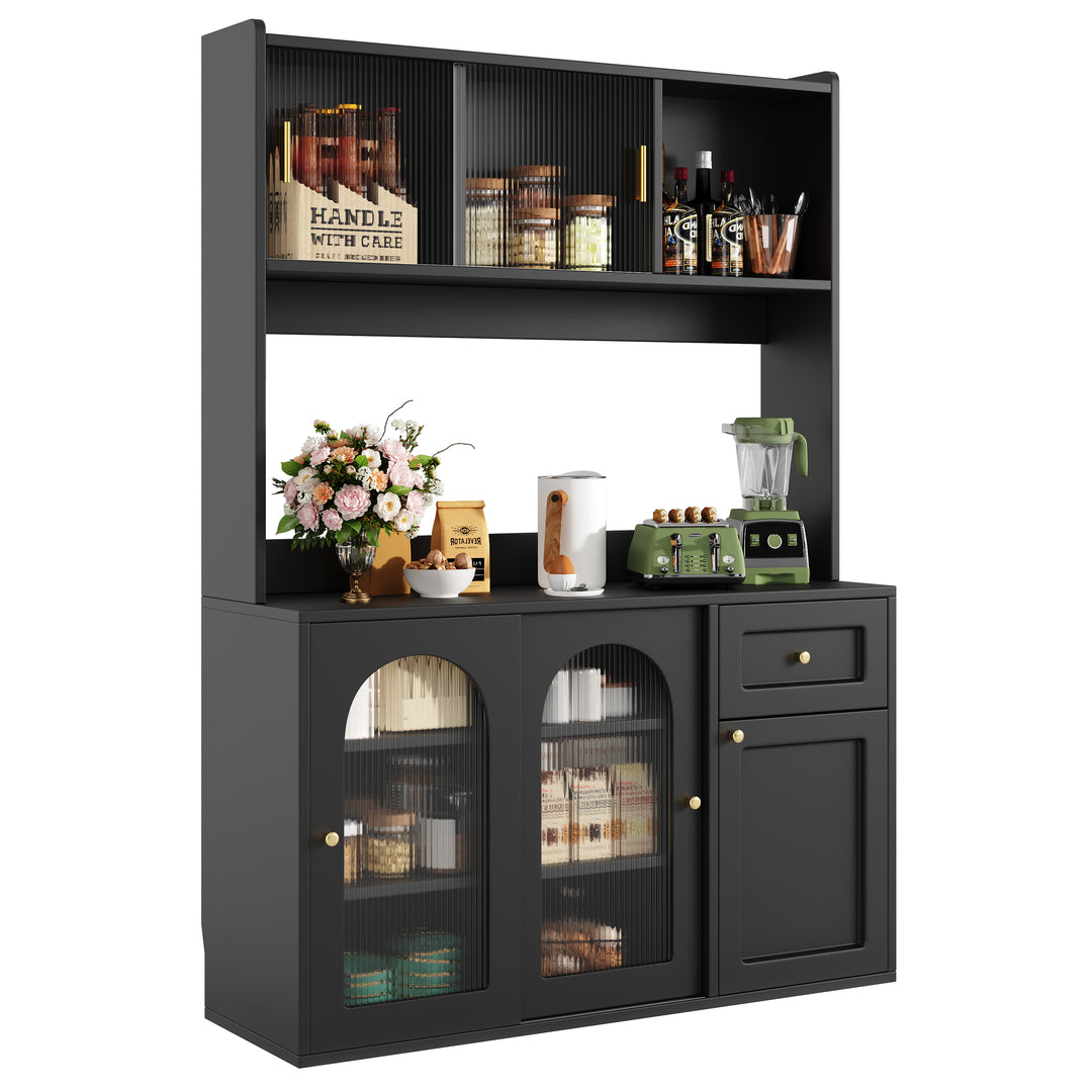 Black kitchen hutches buffet with LED lighting, fluted glass sliding doors VIGOURAN