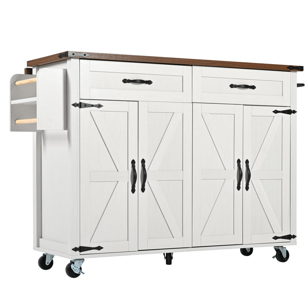 White farmhouse style rolling kitchen island with fold-out top and racks SALTMARSH