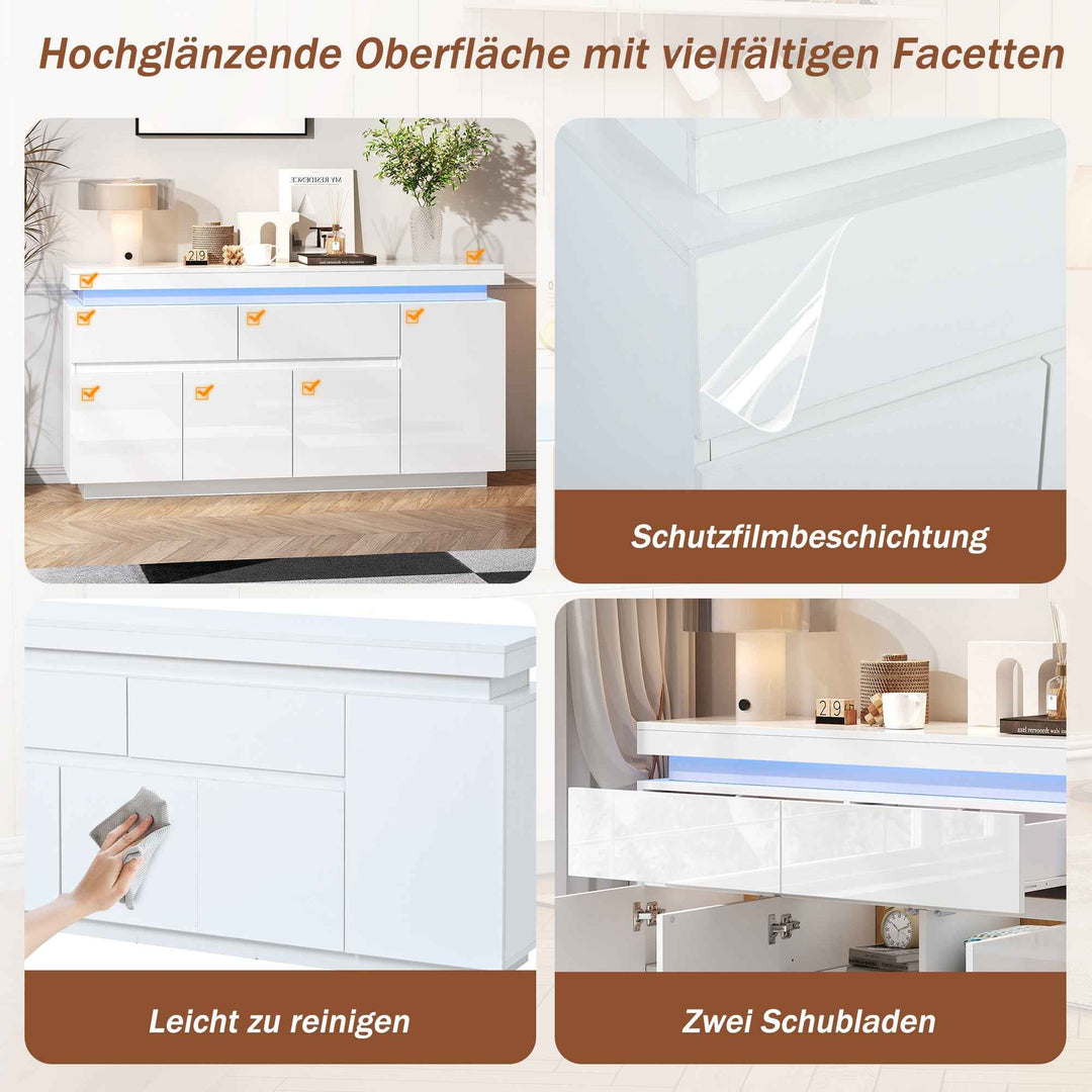 White High Gloss Sideboard 140x35x72.5cm with RGB LED, 4 Doors 2 Drawers, App Control, Modern Storage Cabinet for Living Room, Bedroom, Dining Room