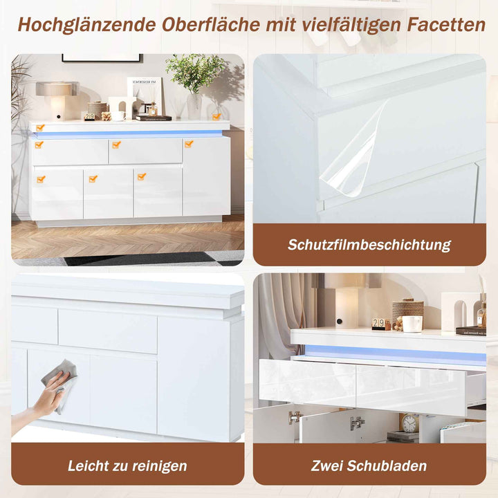 White High Gloss Sideboard 140x35x72.5cm with RGB LED, 4 Doors 2 Drawers, App Control, Modern Storage Cabinet for Living Room, Bedroom, Dining Room