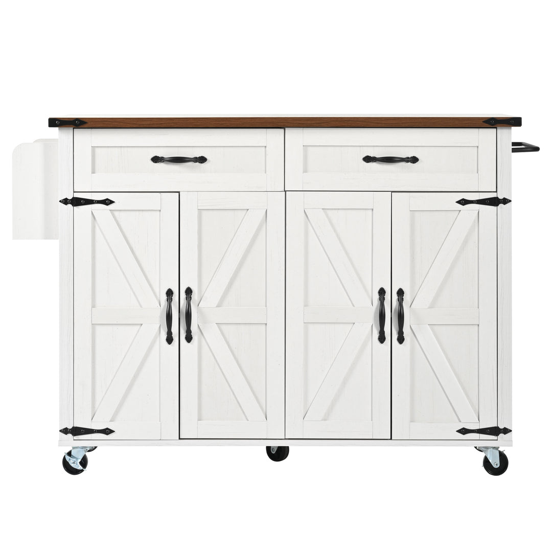 White farmhouse style rolling kitchen island with fold-out top and racks SALTMARSH