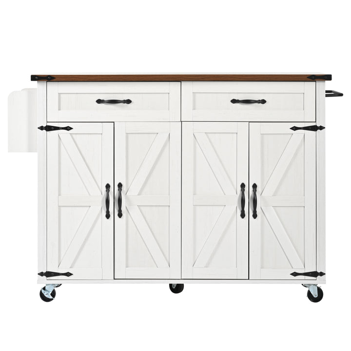 White farmhouse style rolling kitchen island with fold-out top and racks SALTMARSH