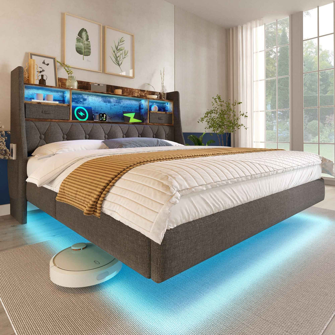 Super King Upholstered Bed 6ft 180x200cm Grey Linen with LED Lighting, USB Type-C Charging, Storage Headboard, Floating Design, No Mattress