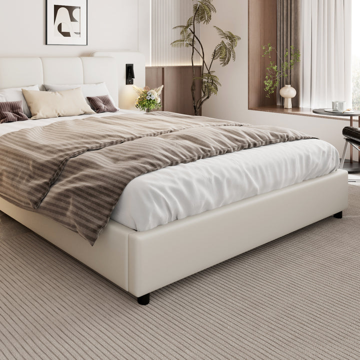 Beige upholstered divan double bed with side lamps and charging port 135x190cm UNITOS