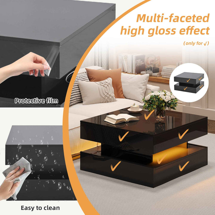 Lift top black high gloss coffee table with LED 2 drawers INFINITEMOMENTUU