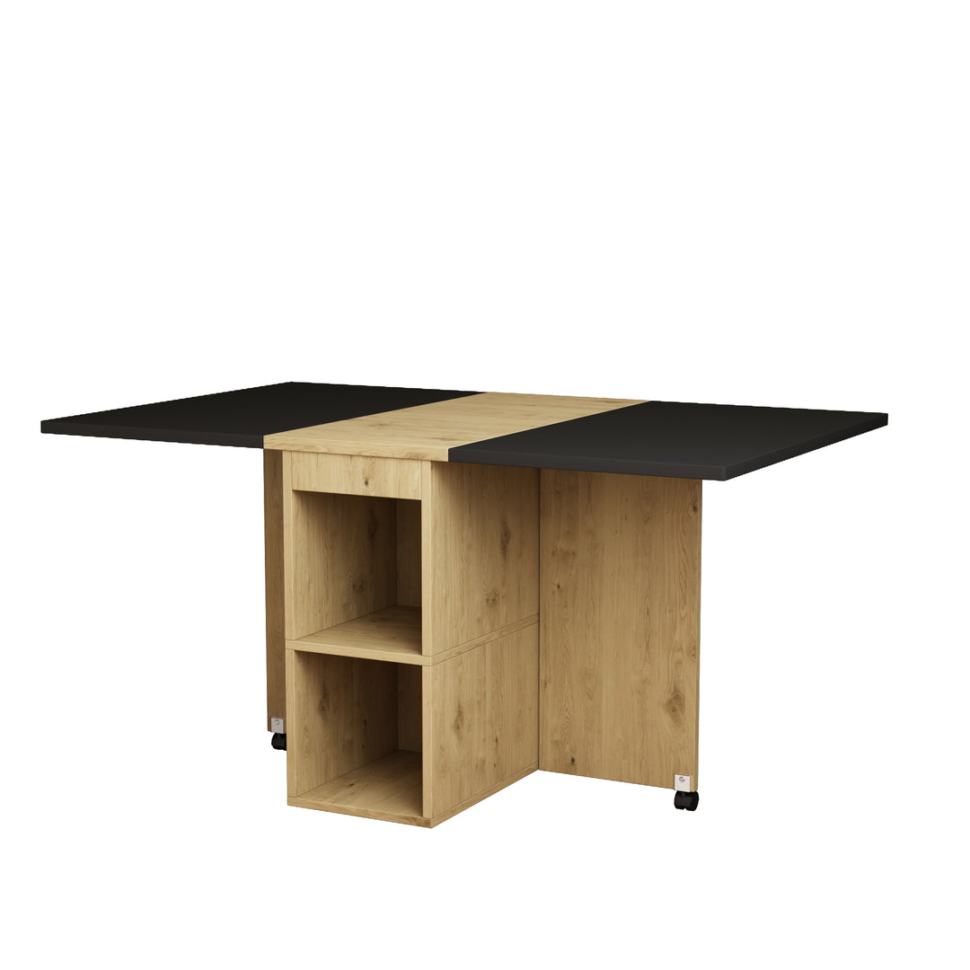 Modern wooden black folding dining set – extendable table with 4 cushioned stools, integrated drawers, and built-in wheels FJORDAR