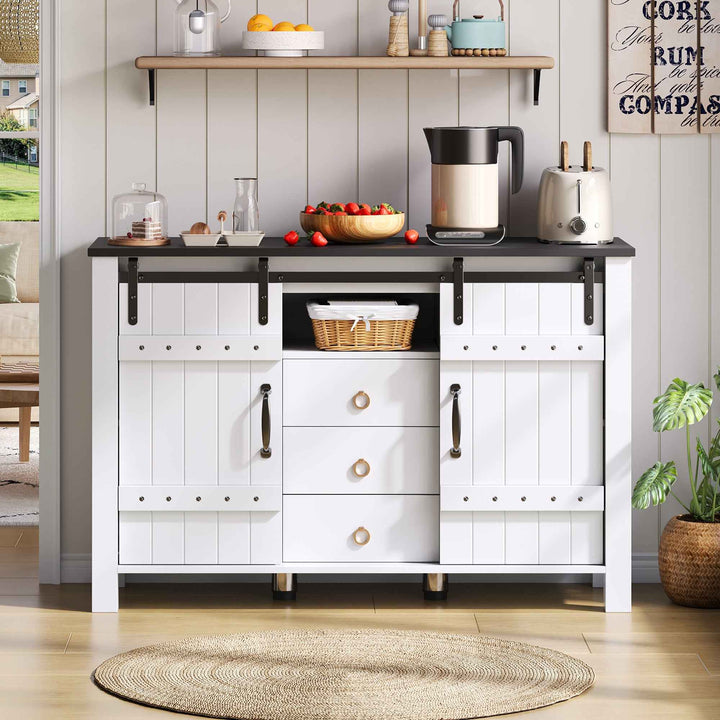 00+Sideboard Cabinet 120cm White with Sliding Doors & 3 Drawers, Rustic Storage Buffet for Kitchen VERTEXLYNX