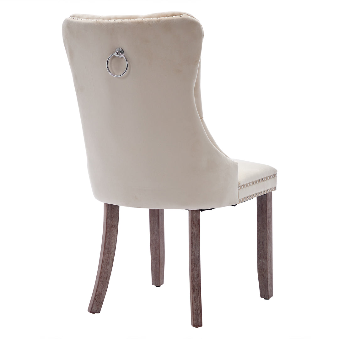 Set of 4 dining chairs velvet beige tufted with solid wood legs, nailheads and back chrome ring ELYSIUMAL