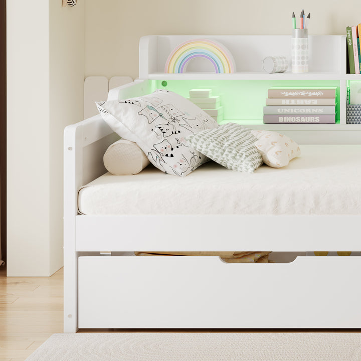 White Wooden Single Daybed Storage with 2 Wheeled Drawers and LED Light 90x190cm WOODWARDROBE