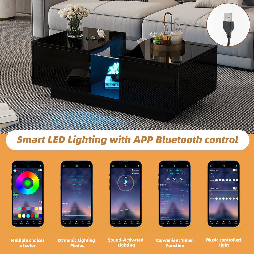 Black high gloss coffee table with 2 drawers with 16-Color LED lights 100*35cm SCALESKIN