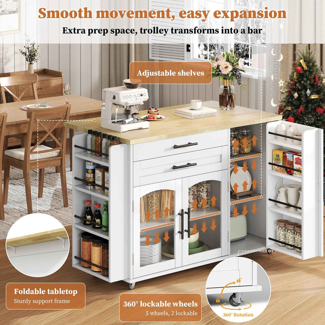 00+Mobile Kitchen Island Trolley White Foldable Worktop, 5 Wheels, Glass Doors, Storage Racks, Cutlery Drawer NOVAOR