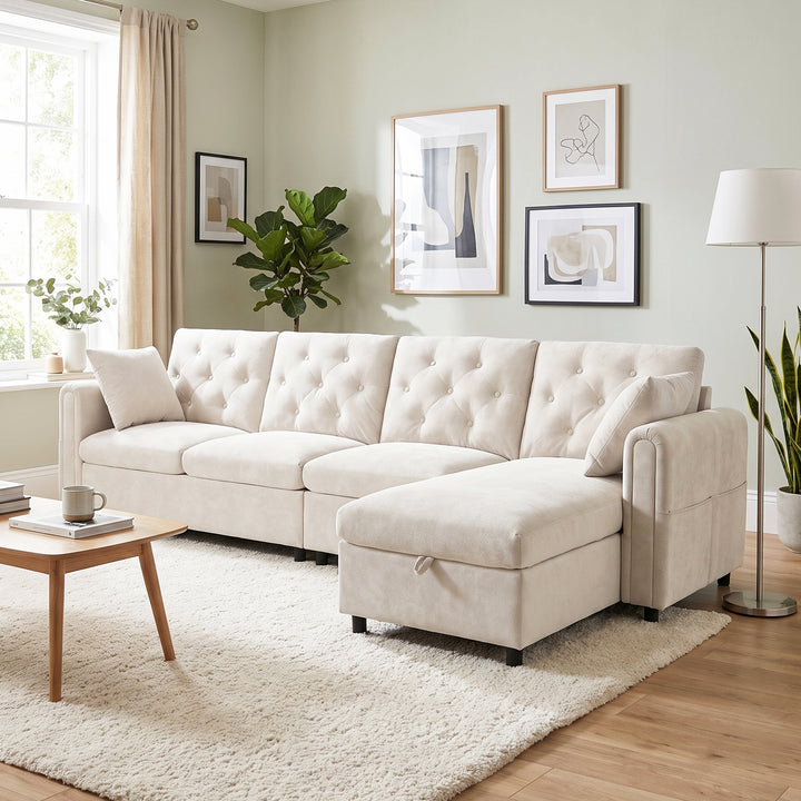 Modern L-shaped 3-seater velvet beige sectional sofa with storage chaise 281x132x86cm ELEGANT STEEL LINE