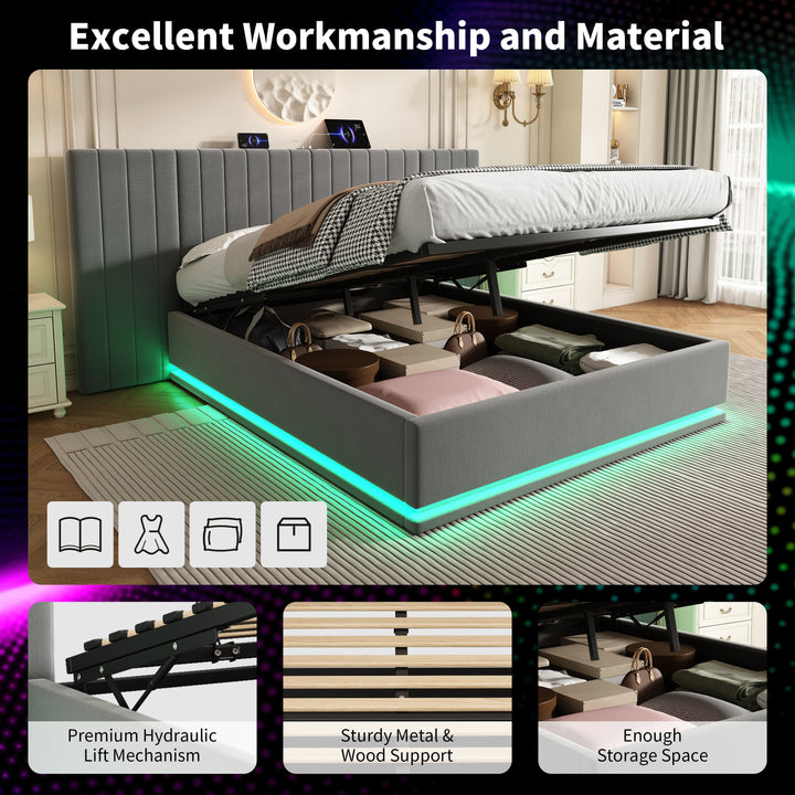 Grey velvet king ottoman bed end opening with LED lighting and charging station (150×200cm) REMEDIAT