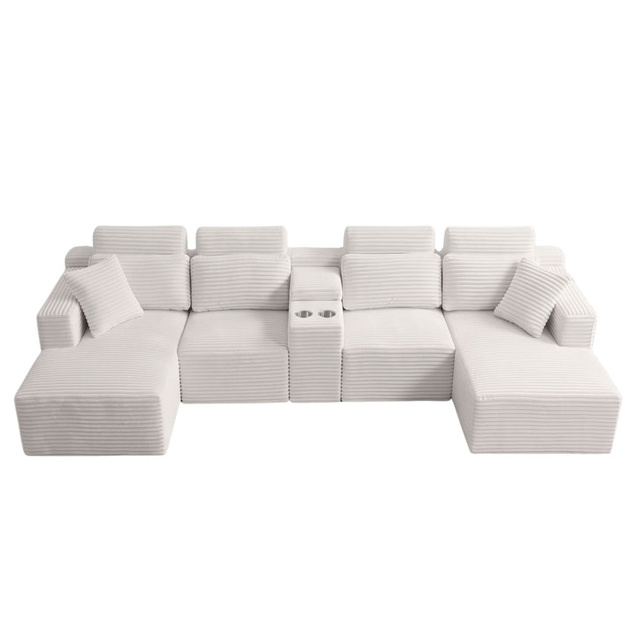 Corduroy U-Shaped Sectional 4–6 Seater Sofa with Dual Chaises, Modular Couch with Console and Cup Holders 370cm ARROWBED