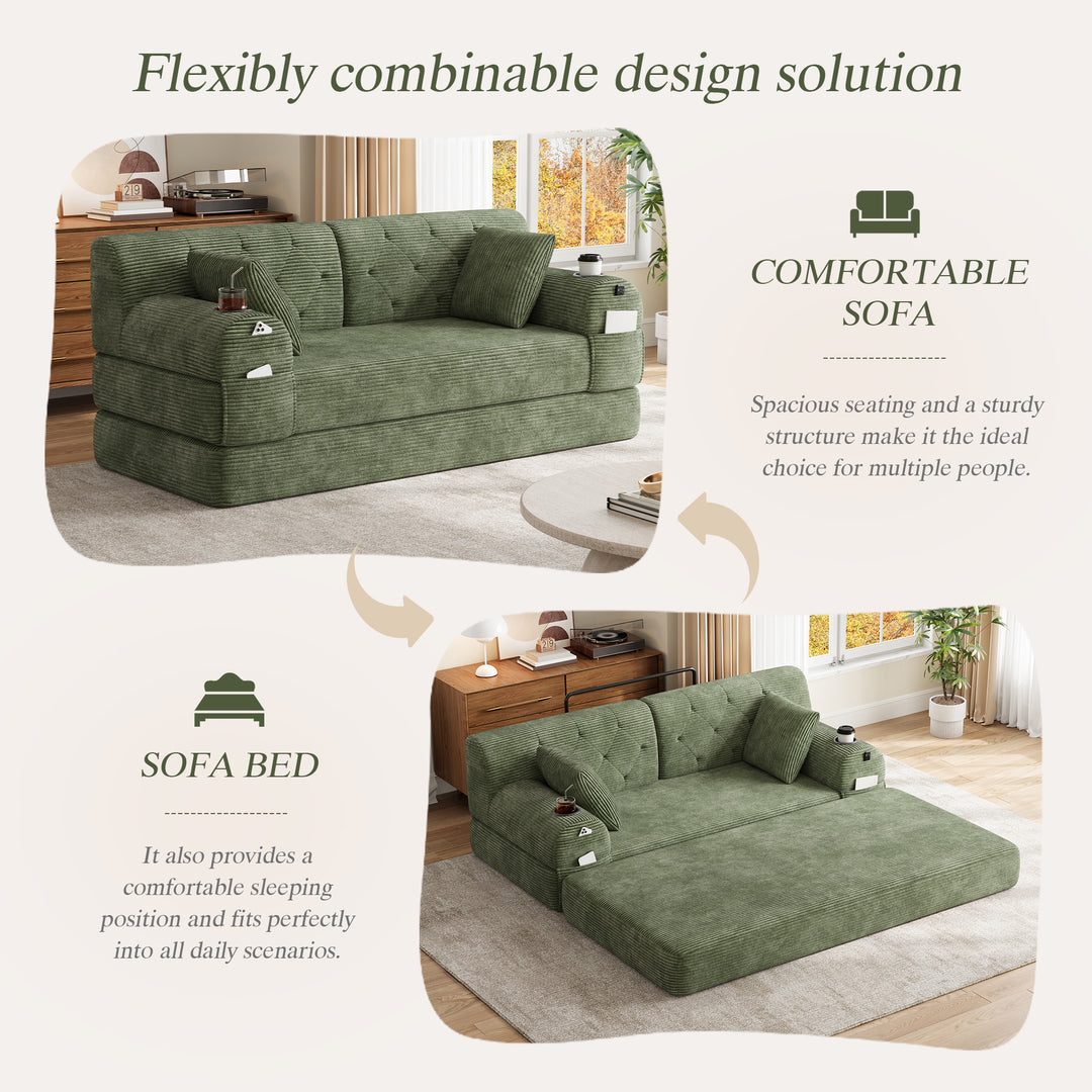 Multi-Purpose Fold-Out Guest Bed and Modular Floor Sofa Set in Green Corduroy with 2 Cushions 168cm RACKPLUS