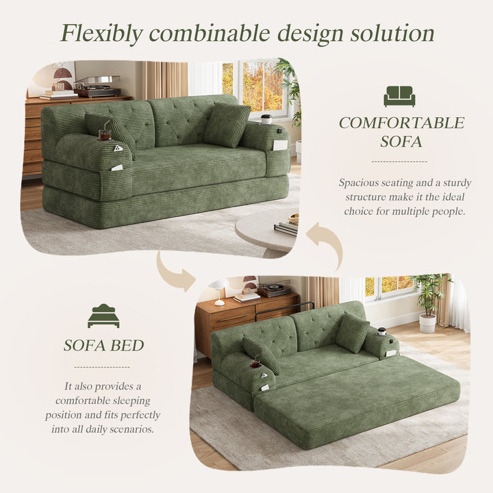 Multi-Purpose Fold-Out Guest Bed and Modular Floor Sofa Set in Green Corduroy with 2 Cushions 168cm RACKPLUS