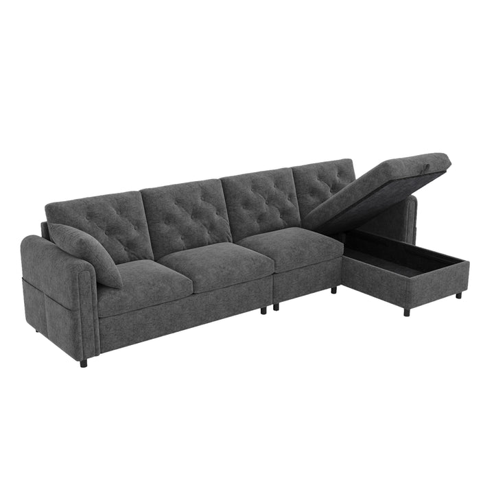 Modern L-shaped 3-seater velvet grey sectional sofa with storage chaise 281x132x86cm ELEGANT STEEL MAX