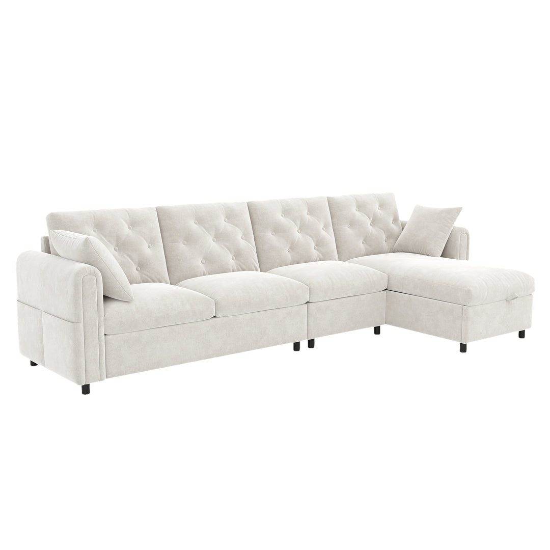 Modern L-shaped 3-seater velvet beige sectional sofa with storage chaise 281x132x86cm ELEGANT STEEL LINE