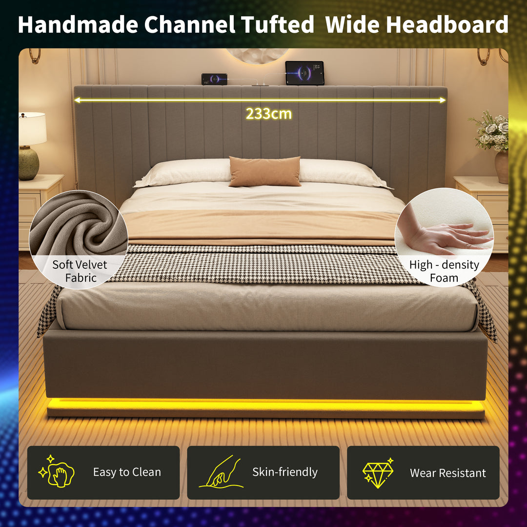 Grey velvet king ottoman bed end opening with LED lighting and charging station (150×200cm) REMEDIAT