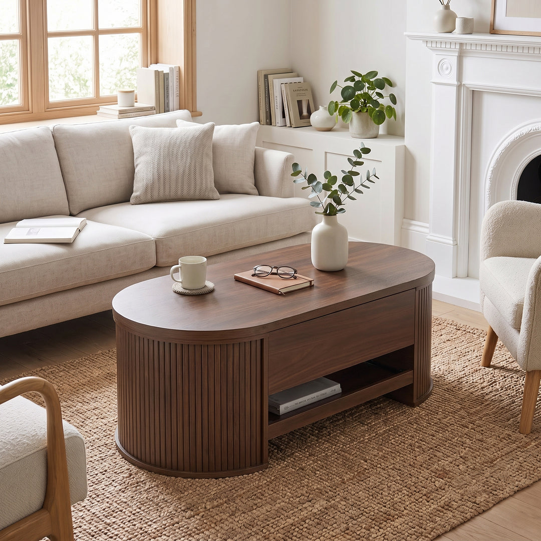 Walnut wooden oval lift-top coffee table with hidden storage and tray, rounded fluted design CONCRETEORGANIZER