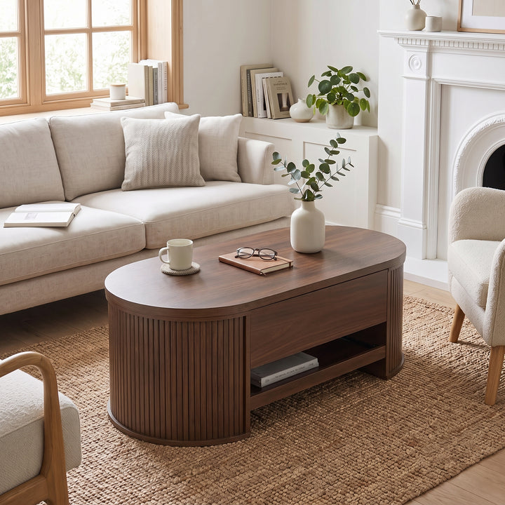 Walnut wooden oval lift-top coffee table with hidden storage and tray, rounded fluted design CONCRETEORGANIZER