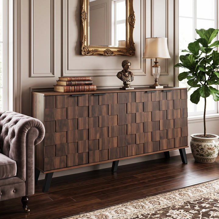 Walnut wooden sideboard vintage geometric pattern with 4 doors 150x35x78cm CONSOLEPLUS