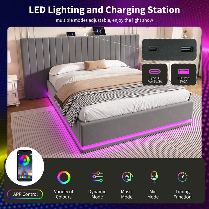 Grey velvet king ottoman bed end opening with LED lighting and charging station (150×200cm) REMEDIAT