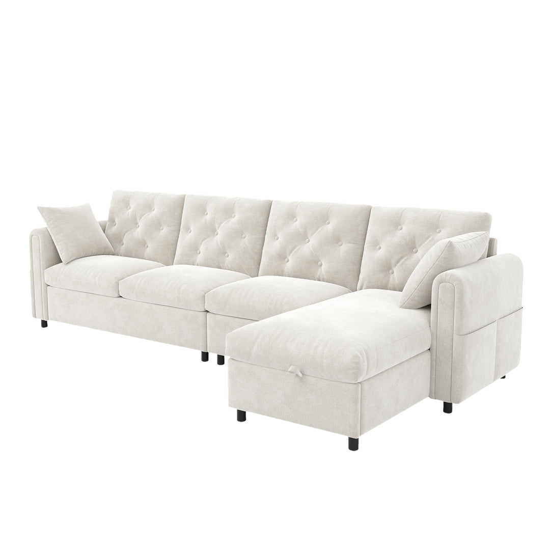 Modern L-shaped 3-seater velvet beige sectional sofa with storage chaise 281x132x86cm ELEGANT STEEL LINE