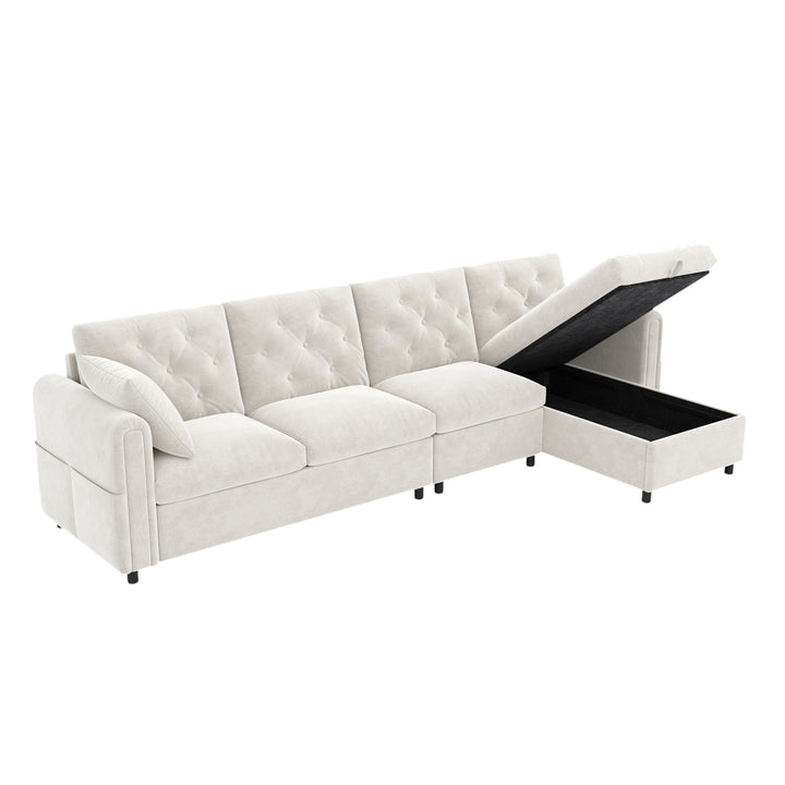 Modern L-shaped 3-seater velvet beige sectional sofa with storage chaise 281x132x86cm ELEGANT STEEL LINE
