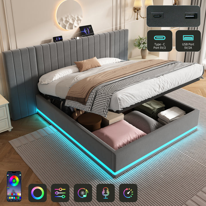 Grey velvet king ottoman bed end opening with LED lighting and charging station (150×200cm) REMEDIAT