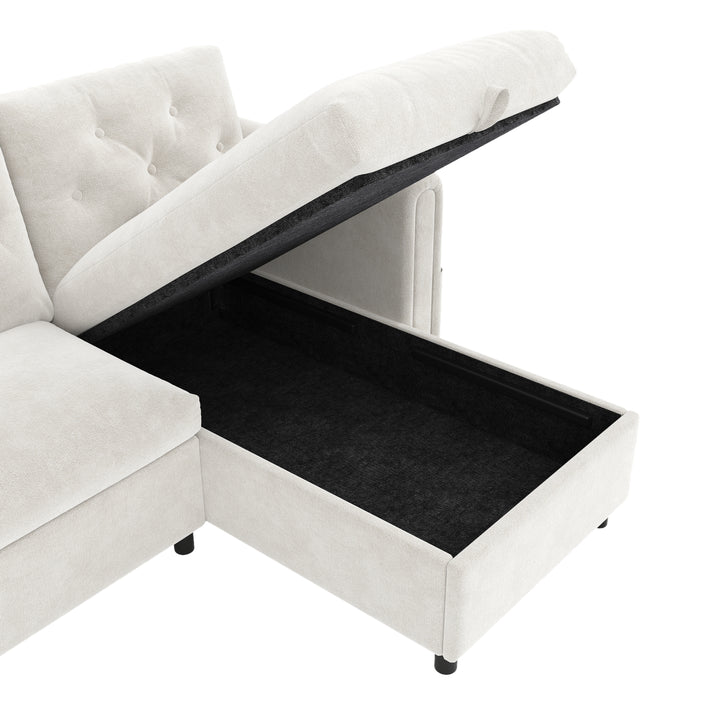 Modern L-shaped 3-seater velvet beige sectional sofa with storage chaise 281x132x86cm ELEGANT STEEL LINE