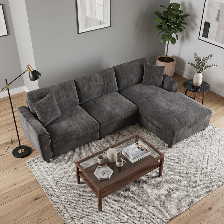 L-shaped 3-seater corner sofa, reversible chaise, chenille dark grey 256cm QUADSOFA