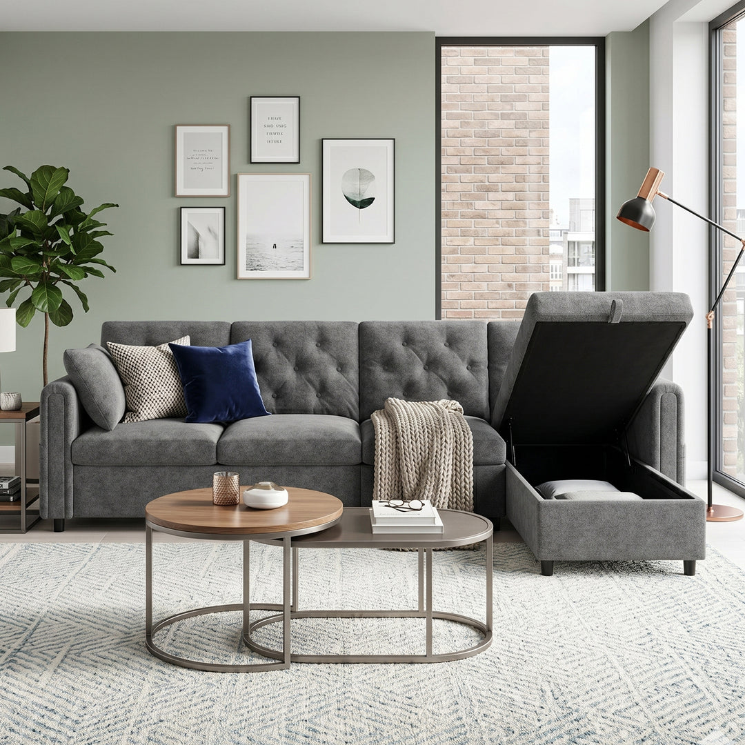 Modern L-shaped 3-seater velvet grey sectional sofa with storage chaise 281x132x86cm ELEGANT STEEL MAX