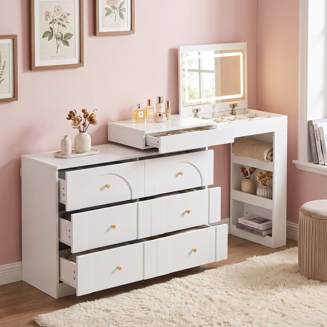 White L-shaped rotating vanity desk with LED mirror makeup table ELEGANT THROW HOME
