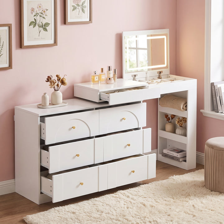 White L-shaped rotating vanity desk with LED mirror makeup table ELEGANT THROW HOME