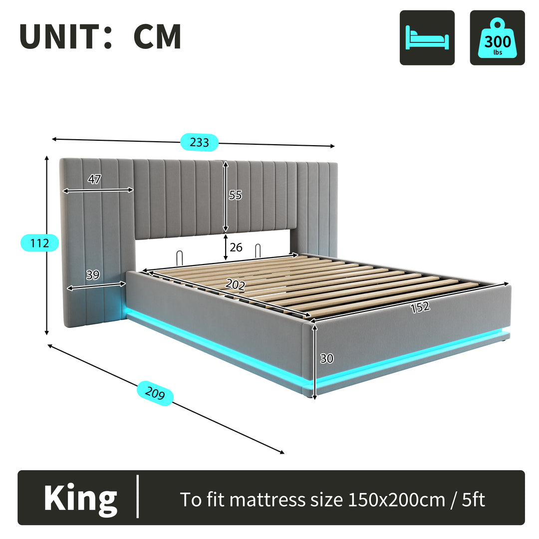 Grey velvet king ottoman bed end opening with LED lighting and charging station (150×200cm) REMEDIAT