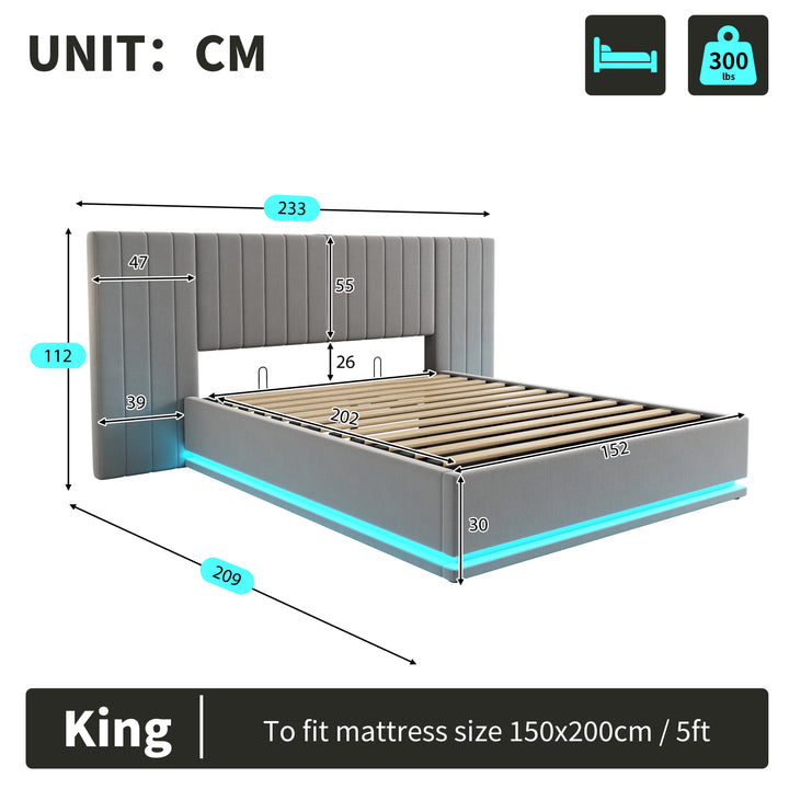 Grey velvet king ottoman bed end opening with LED lighting and charging station (150×200cm) REMEDIAT