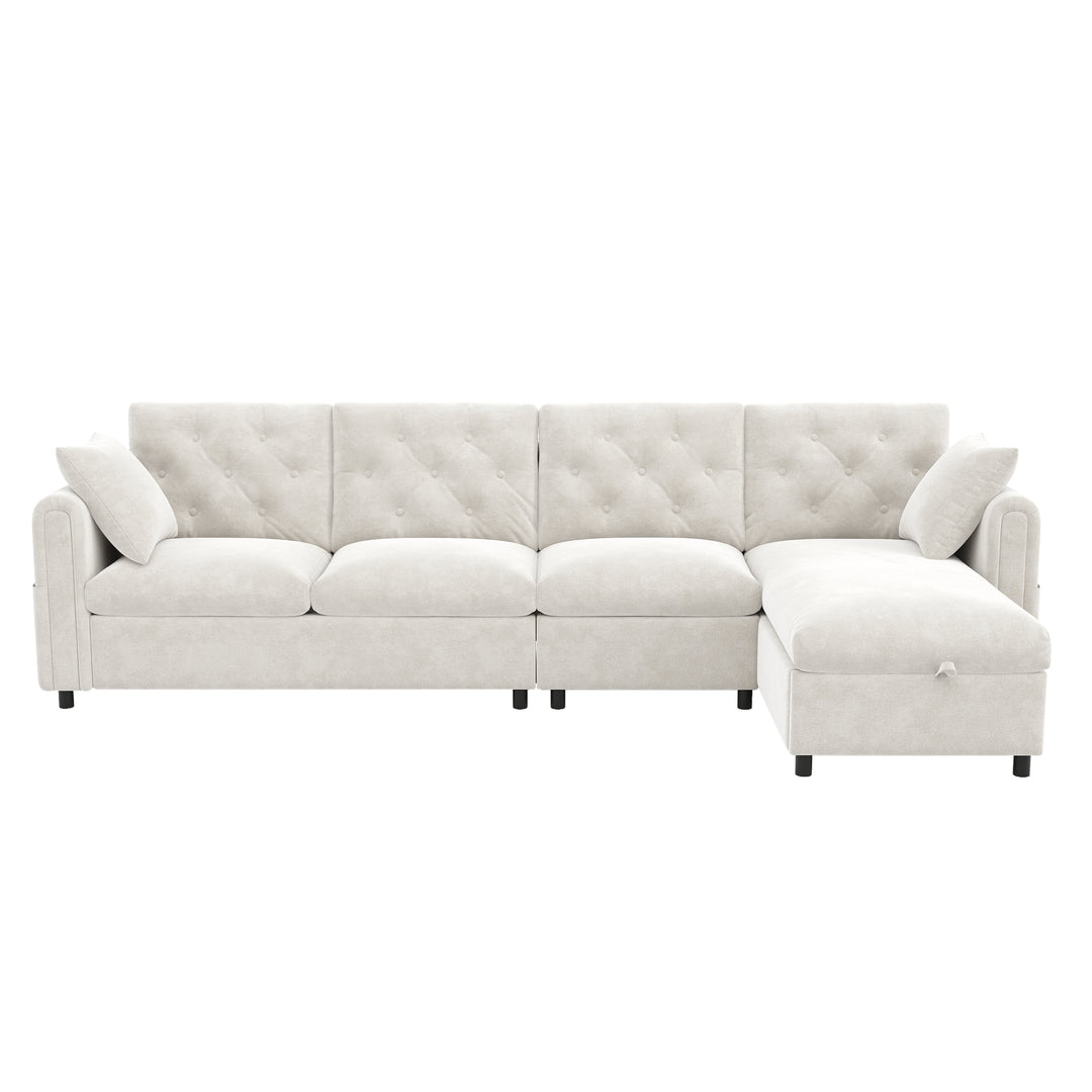 Modern L-shaped 3-seater velvet beige sectional sofa with storage chaise 281x132x86cm ELEGANT STEEL LINE