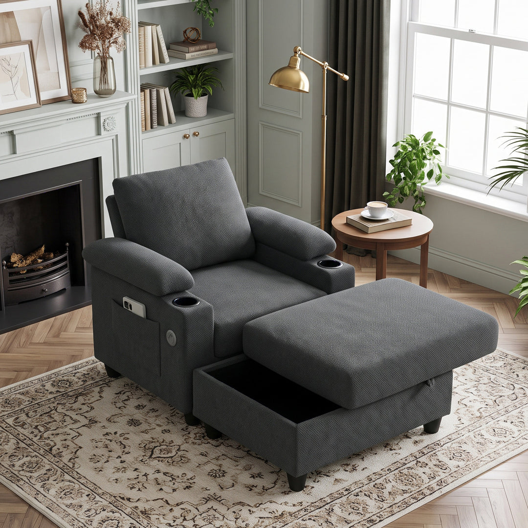 Multi-Functional Grey Corduroy Single Sofa with Adjustable Back and Hidden Storage Ottoman WOODPILLOW