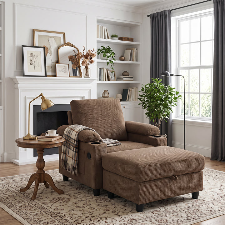 Multi-Functional Brown Corduroy Single Sofa with Adjustable Back and Hidden Storage Ottoman WOODORGANIZER
