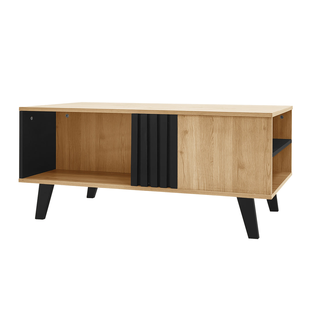 Modern wooden coffee table with black striped design, drawers & side storage WINGSEED
