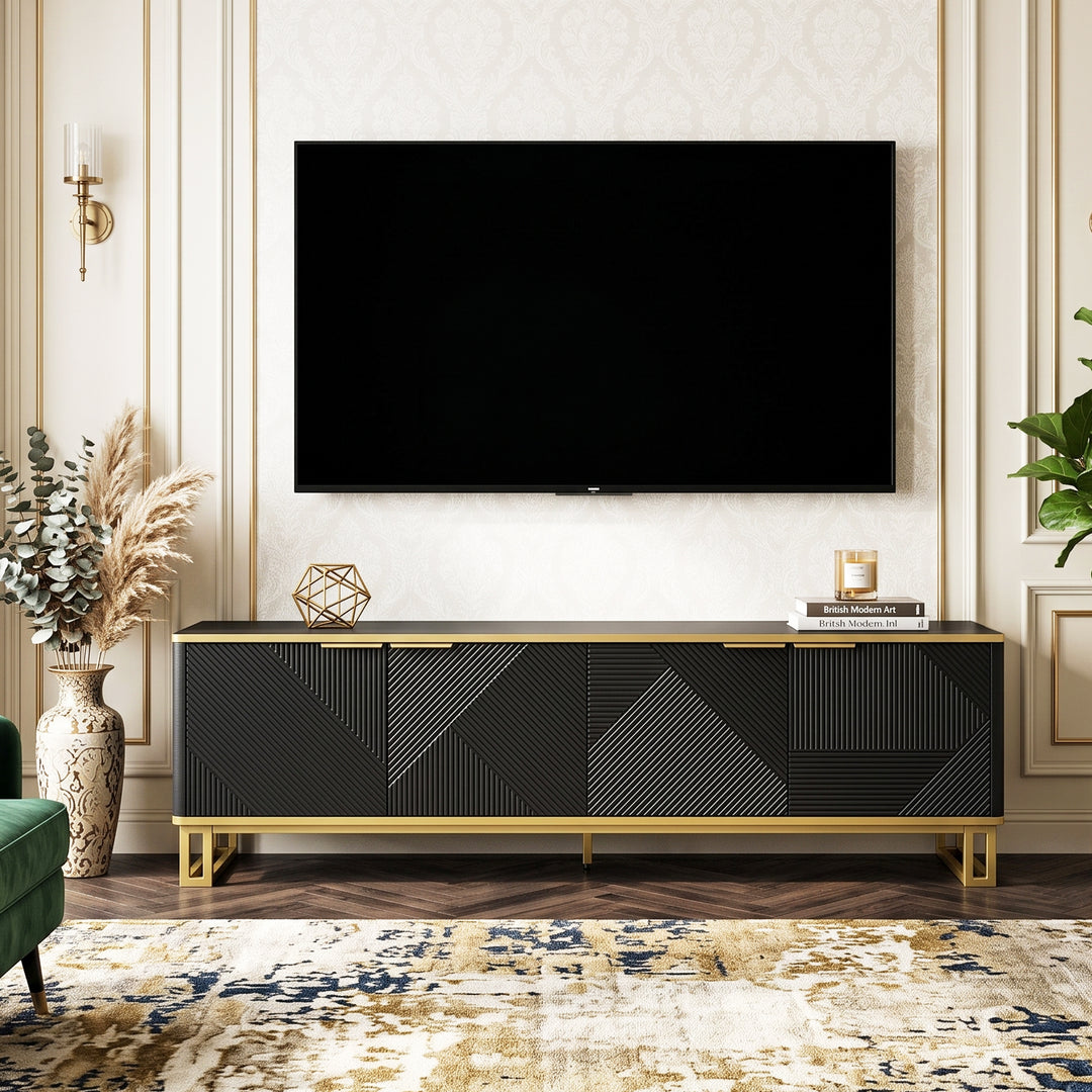 Luxury geometric texture TV stand, black & gold finish 4 doors CONCRETECURTAIN